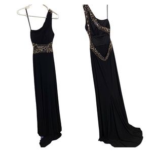 NWT Blondie Nights sz 1 black one shoulder beaded gown